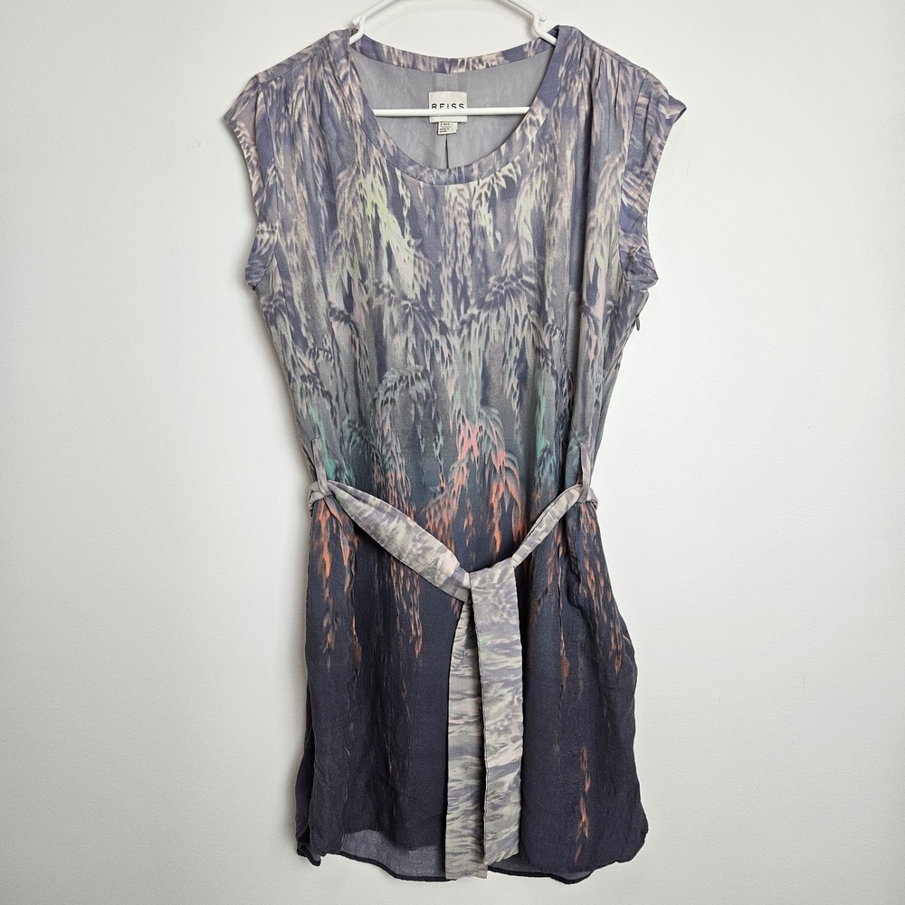 REISS Helen Dress Size US 8 Belted Shift Knee Length Crepe Gray Neon Abstract